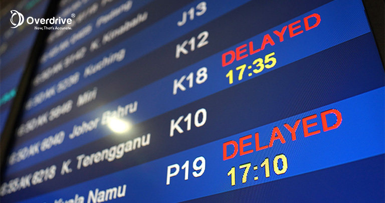 Monitor showing that flights are delayed