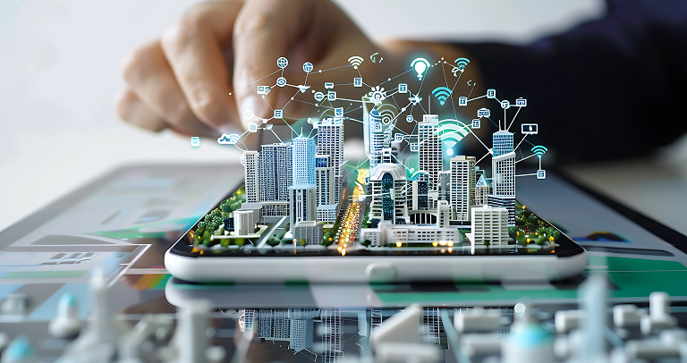 Hand interacting with smart building integration IoT network model.