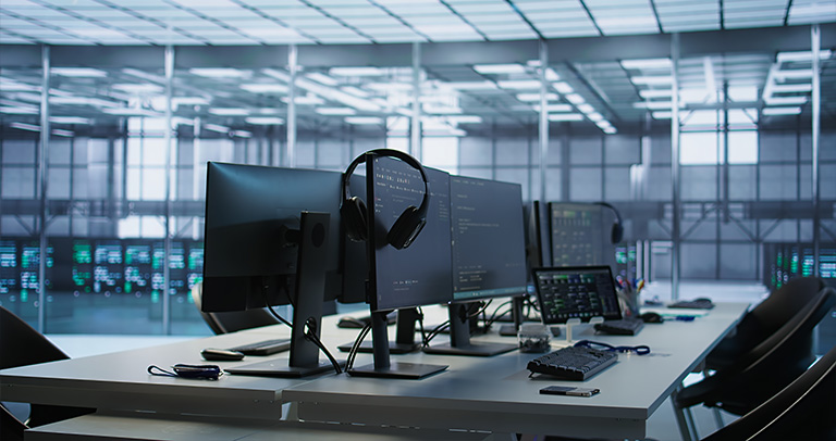 Modern data center control room workspace with monitors.